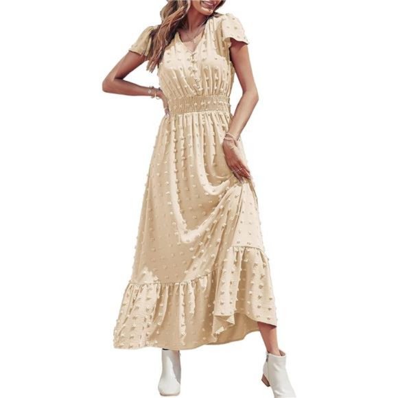 V Neck Swiss Dot TieRed Midi Dresses main image 1